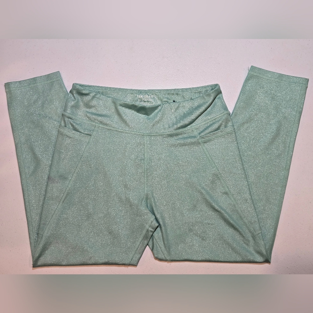 Girls XL Tek Gear Mint Green Shimmer Active Tank Bra And Bike Shorts Set - Picture 10 of 12